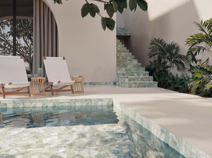 WOW Vestige Sagano marble effect porcelain tiles in a pool and wet-area setting